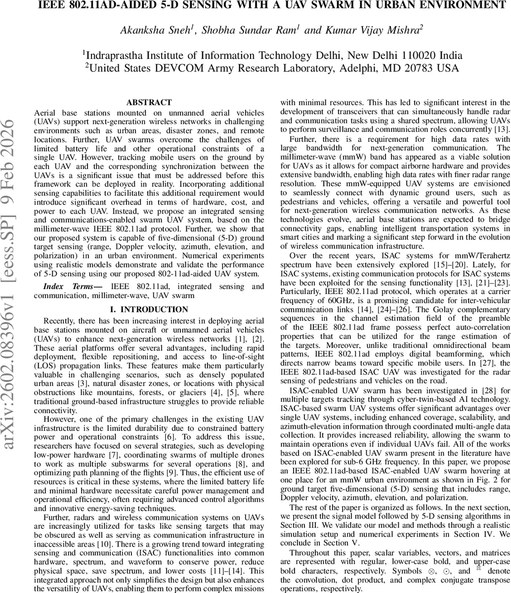 IEEE 802.11ad-Aided 5-D Sensing with a UAV Swarm in Urban Environment