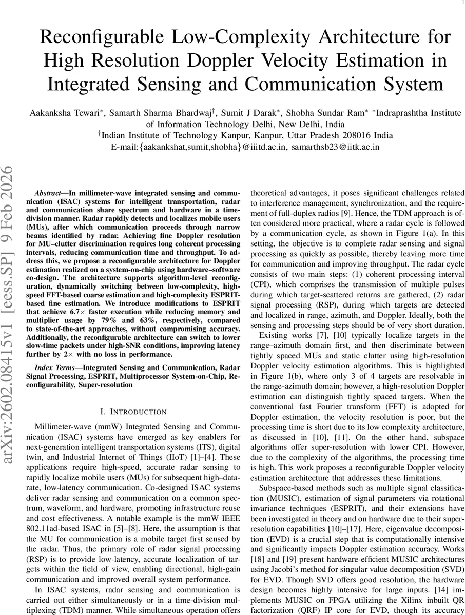 Reconfigurable Low-Complexity Architecture for High Resolution Doppler Velocity Estimation in Integrated Sensing and Communication System