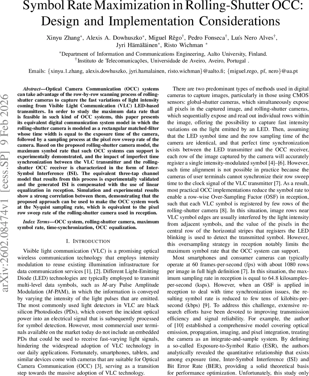 Symbol Rate Maximization in Rolling-Shutter OCC: Design and Implementation Considerations