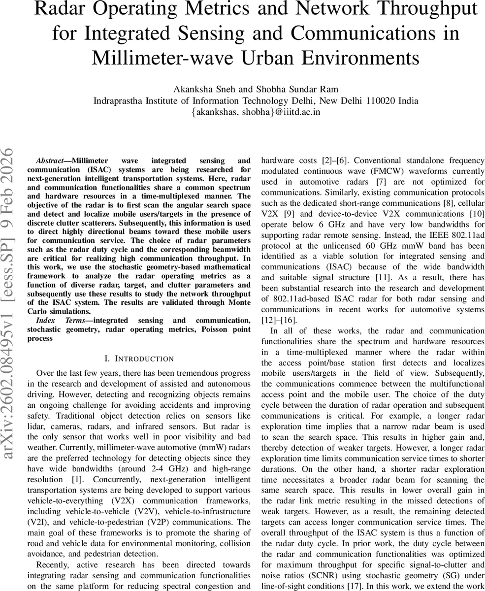 Radar Operating Metrics and Network Throughput for Integrated Sensing and Communications in Millimeter-wave Urban Environments
