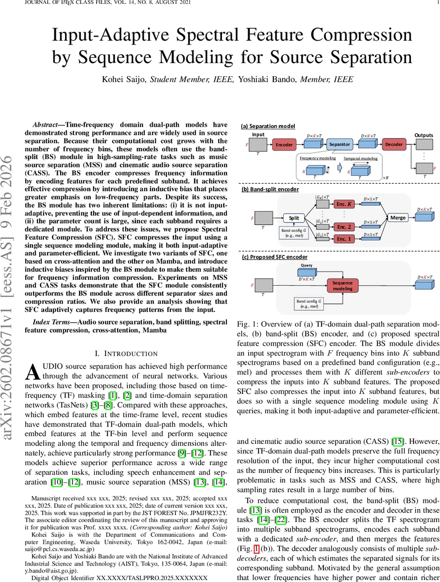 Input-Adaptive Spectral Feature Compression by Sequence Modeling for Source Separation