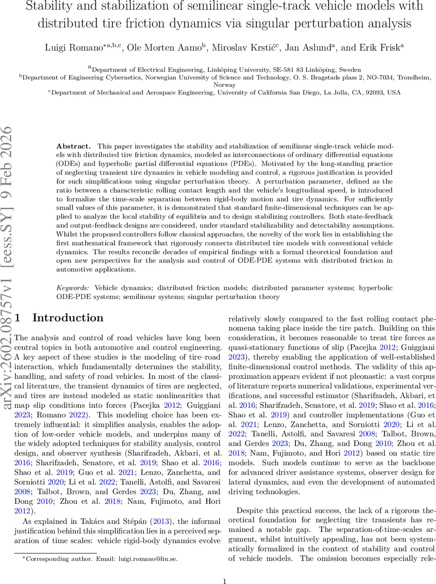Stability and stabilization of semilinear single-track vehicle models with distributed tire friction dynamics via singular perturbation analysis