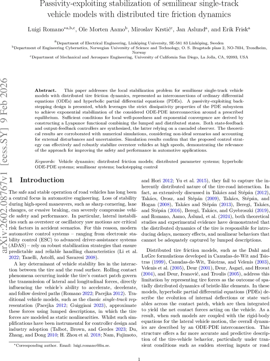 Passivity-exploiting stabilization of semilinear single-track vehicle models with distributed tire friction dynamics