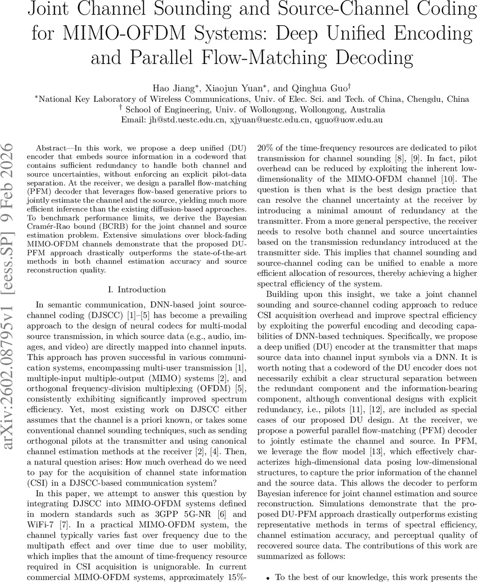 Joint Channel Sounding and Source-Channel Coding for MIMO-OFDM Systems: Deep Unified Encoding and Parallel Flow-Matching Decoding