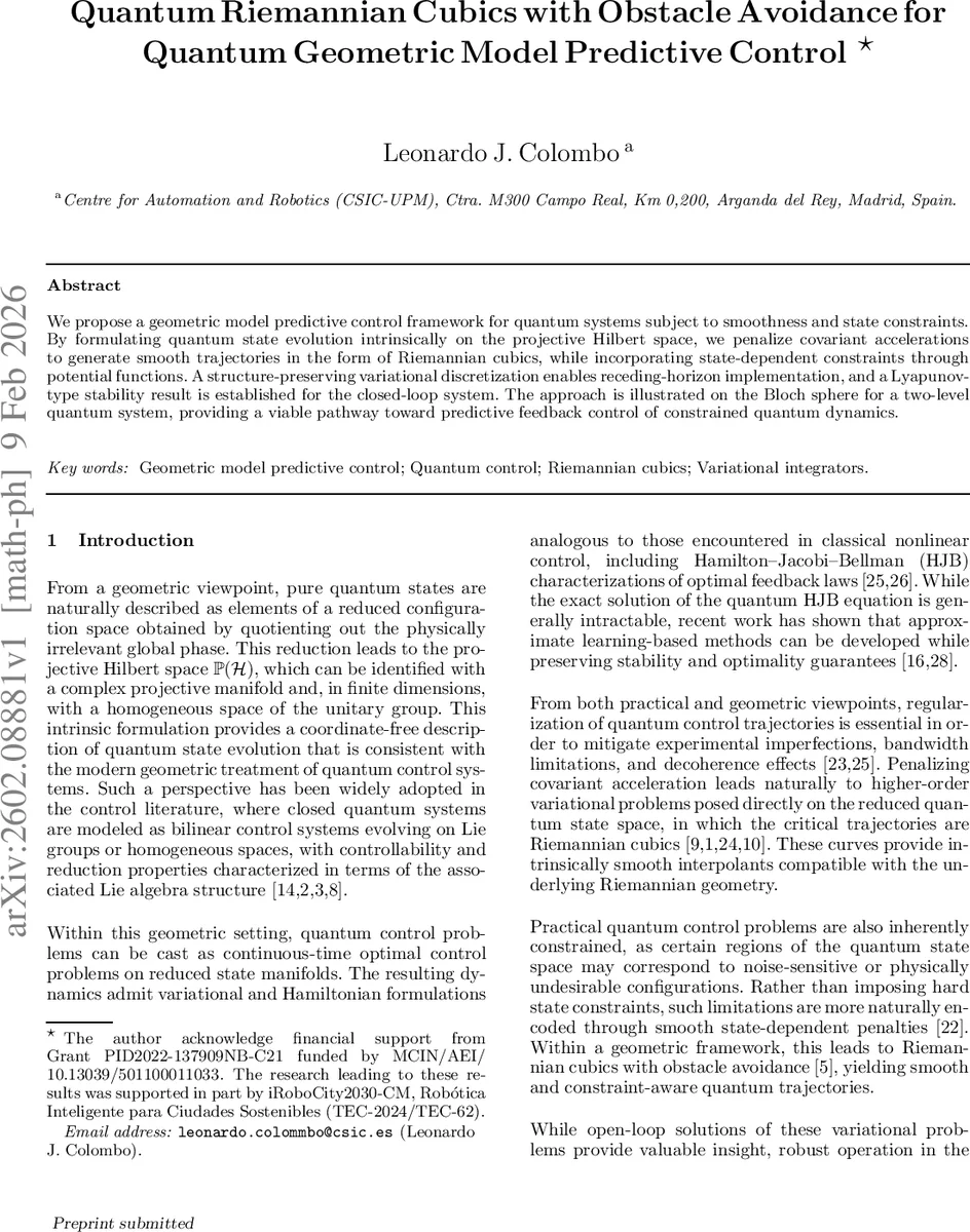 Quantum Riemannian Cubics with Obstacle Avoidance for Quantum Geometric Model Predictive Control