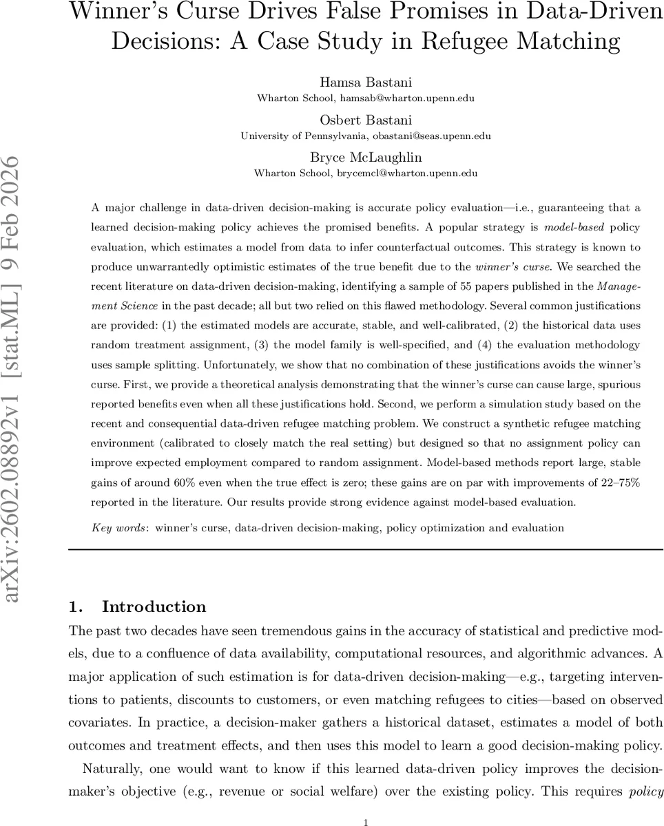 Winner's Curse Drives False Promises in Data-Driven Decisions: A Case Study in Refugee Matching