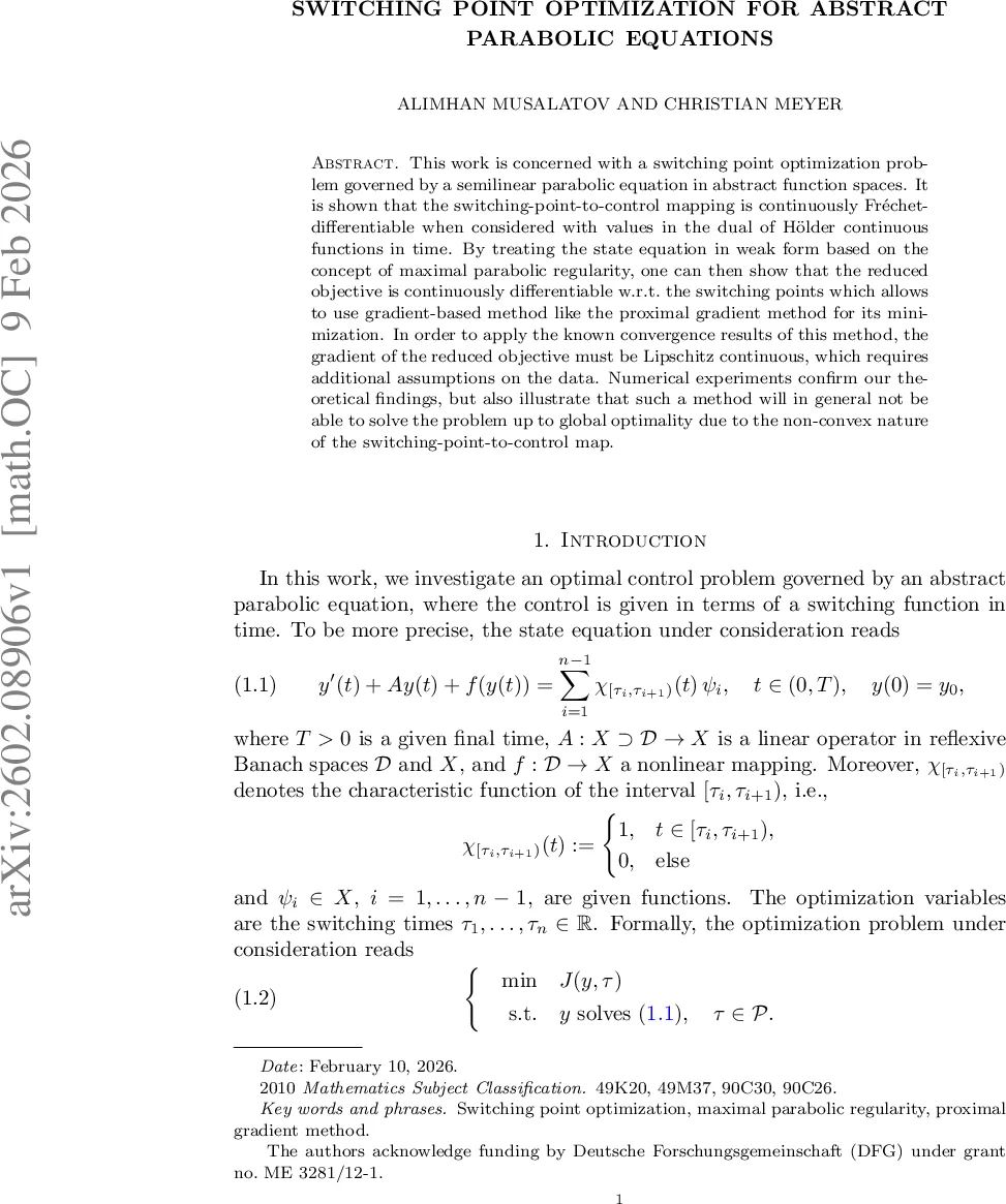 Switching Point Optimization for Abstract Parabolic Equations