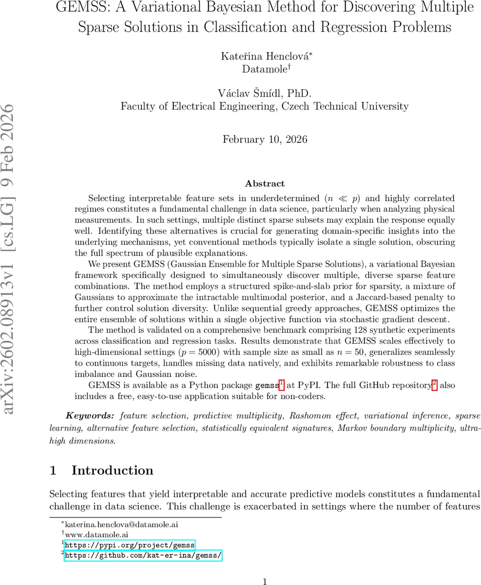 GEMSS: A Variational Bayesian Method for Discovering Multiple Sparse Solutions in Classification and Regression Problems