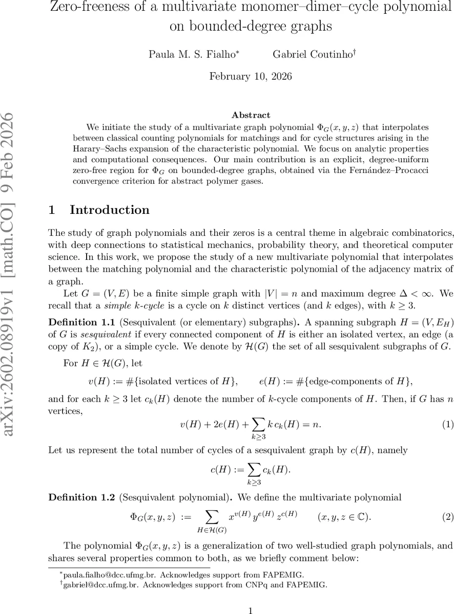 Zero-freeness of a multivariate monomer-dimer-cycle polynomial on bounded-degree graphs