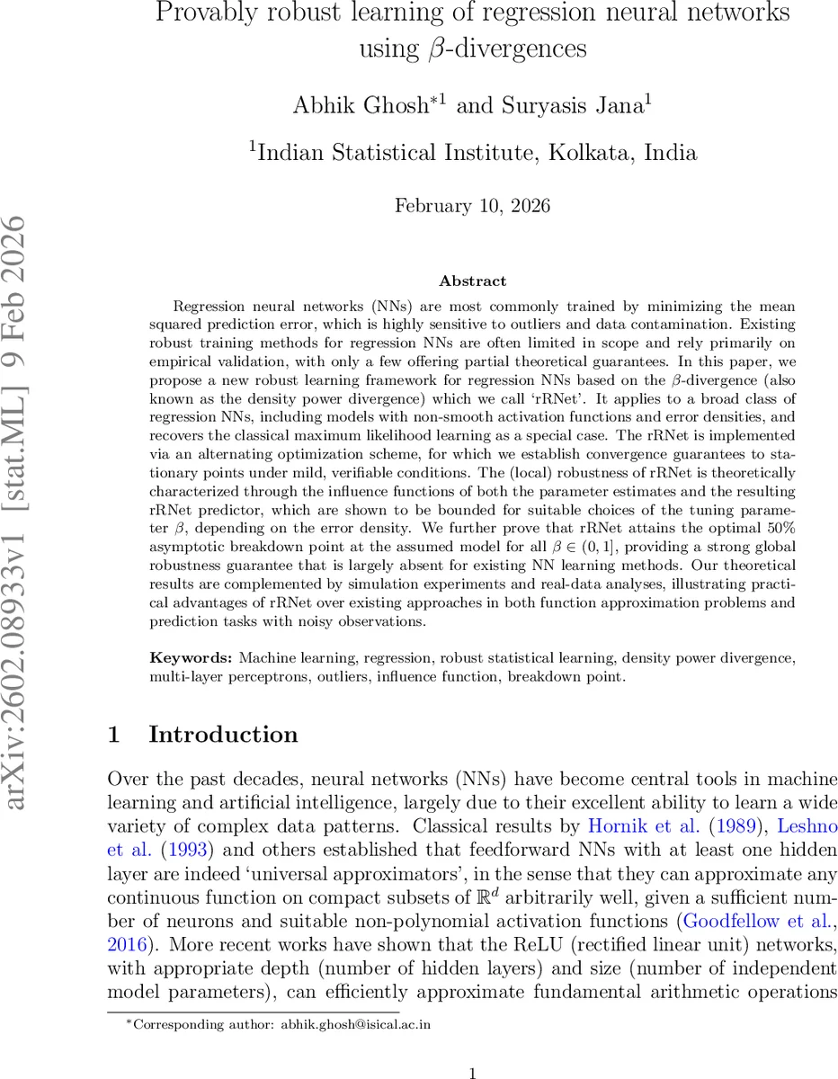 Provably robust learning of regression neural networks using $β$-divergences