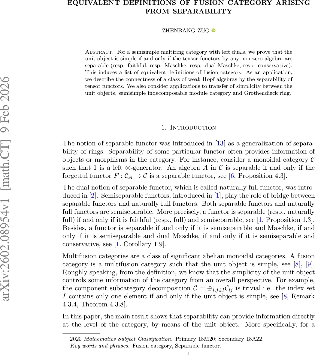 Equivalent definitions of fusion category arising from separability