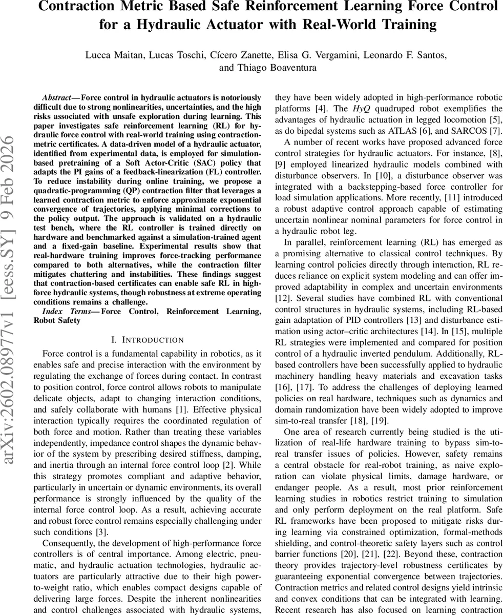 Contraction Metric Based Safe Reinforcement Learning Force Control for a Hydraulic Actuator with Real-World Training