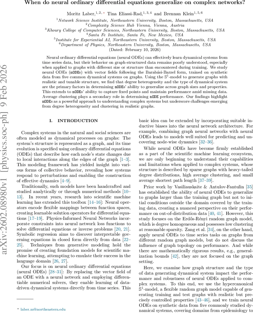 When do neural ordinary differential equations generalize on complex networks?