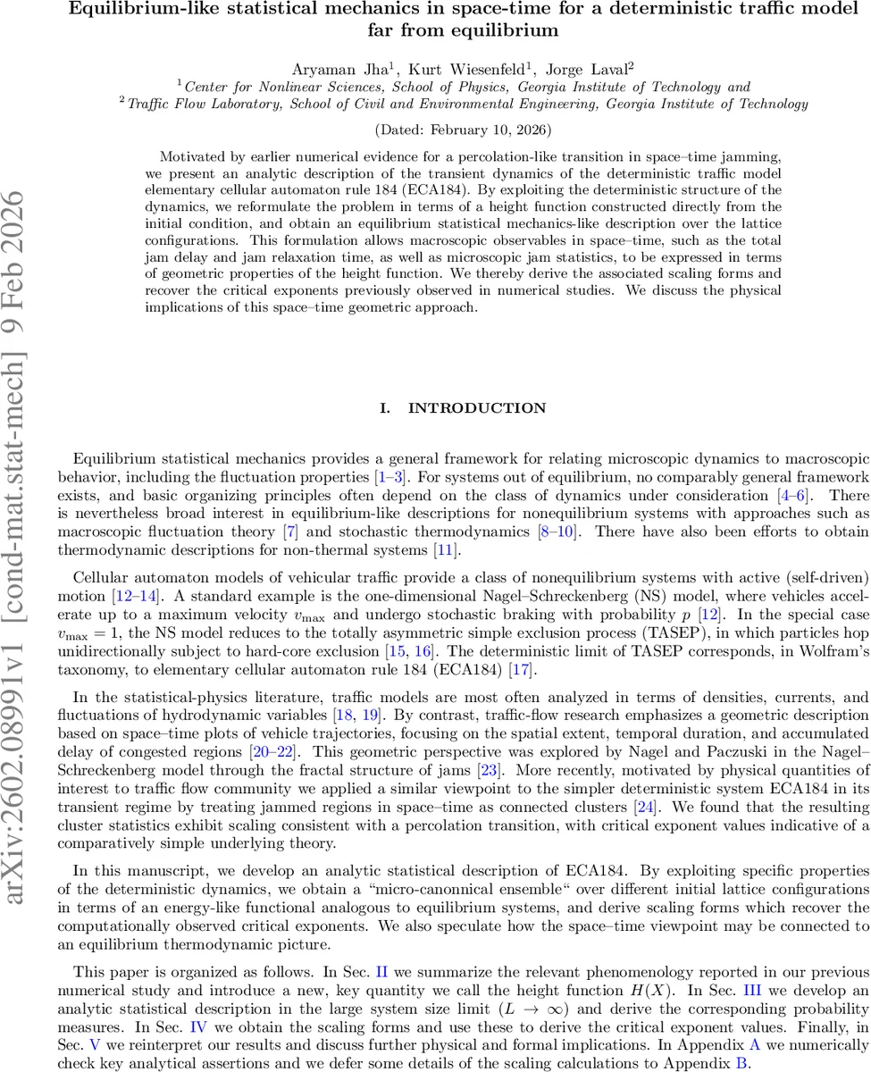 Equilibrium-like statistical mechanics in space-time for a deterministic traffic model far from equilibrium