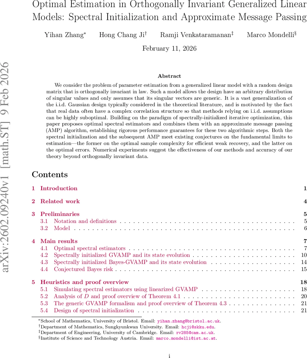 Optimal Estimation in Orthogonally Invariant Generalized Linear Models: Spectral Initialization and Approximate Message Passing