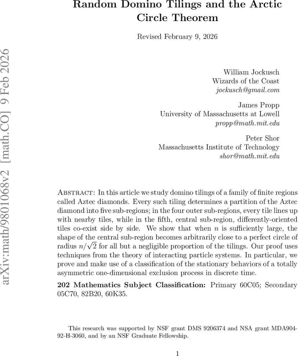 Random Domino Tilings and the Arctic Circle Theorem