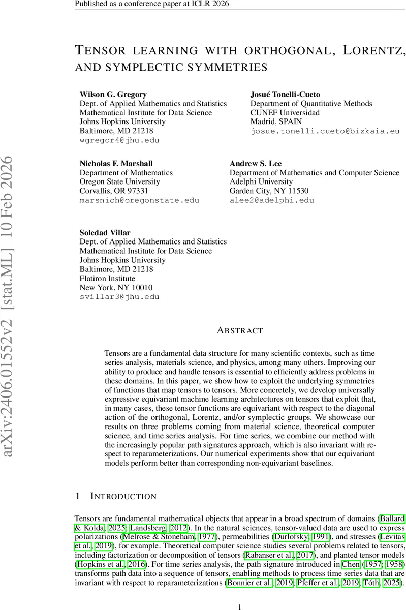 Tensor learning with orthogonal, Lorentz, and symplectic symmetries