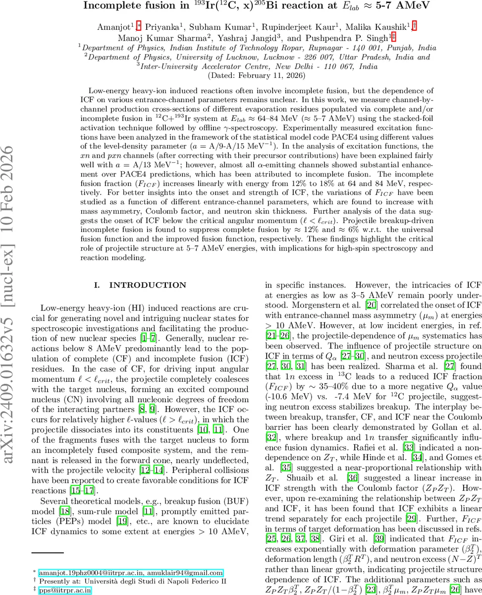Incomplete fusion in $^{193}$Ir($^{12}$C, x)$^{205}$Bi reaction at $E_{lab}$ $pprox$ 5-7 AMeV