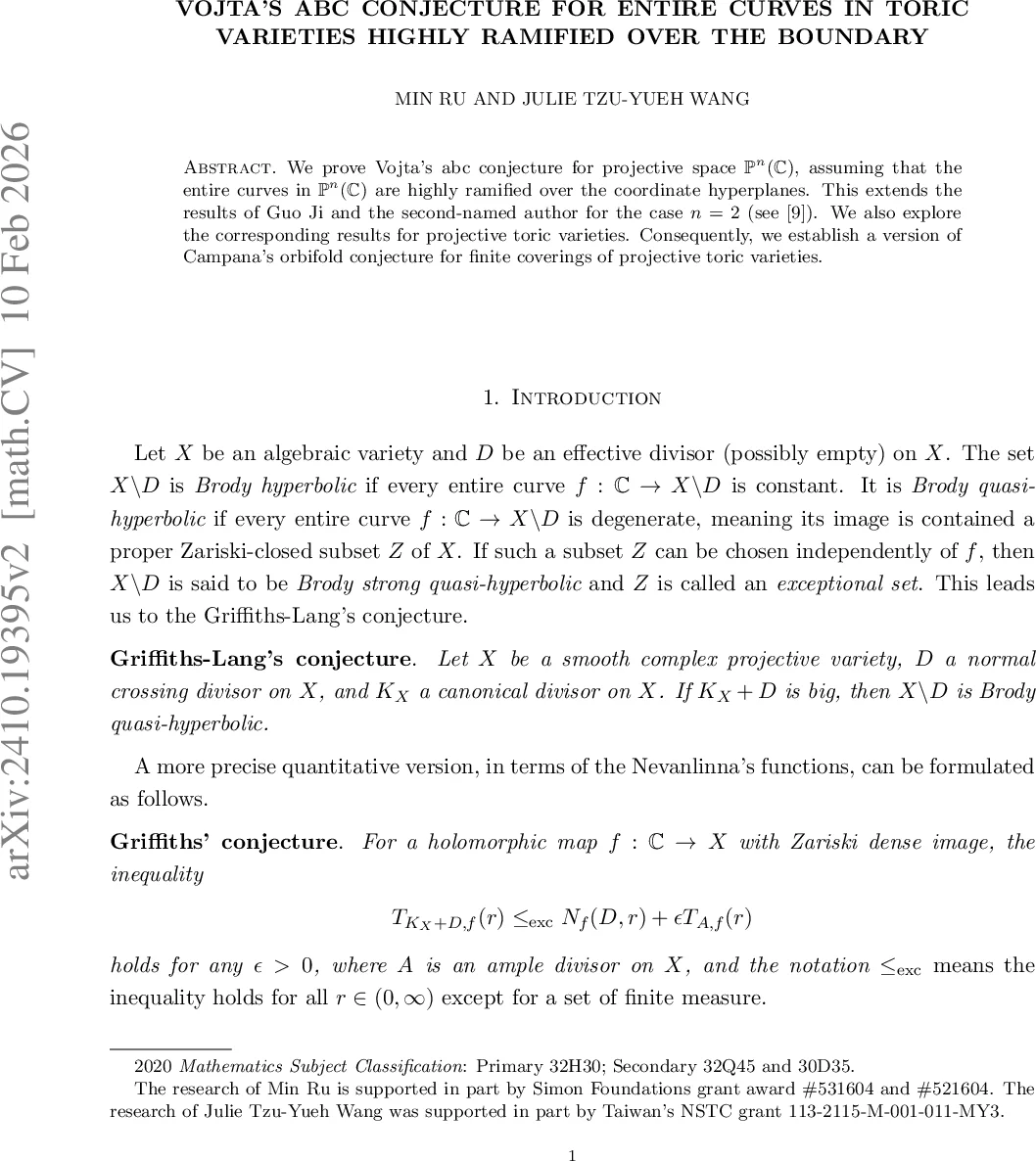 Vojta's abc conjecture for entire curves in toric varieties highly ramified over the boundary