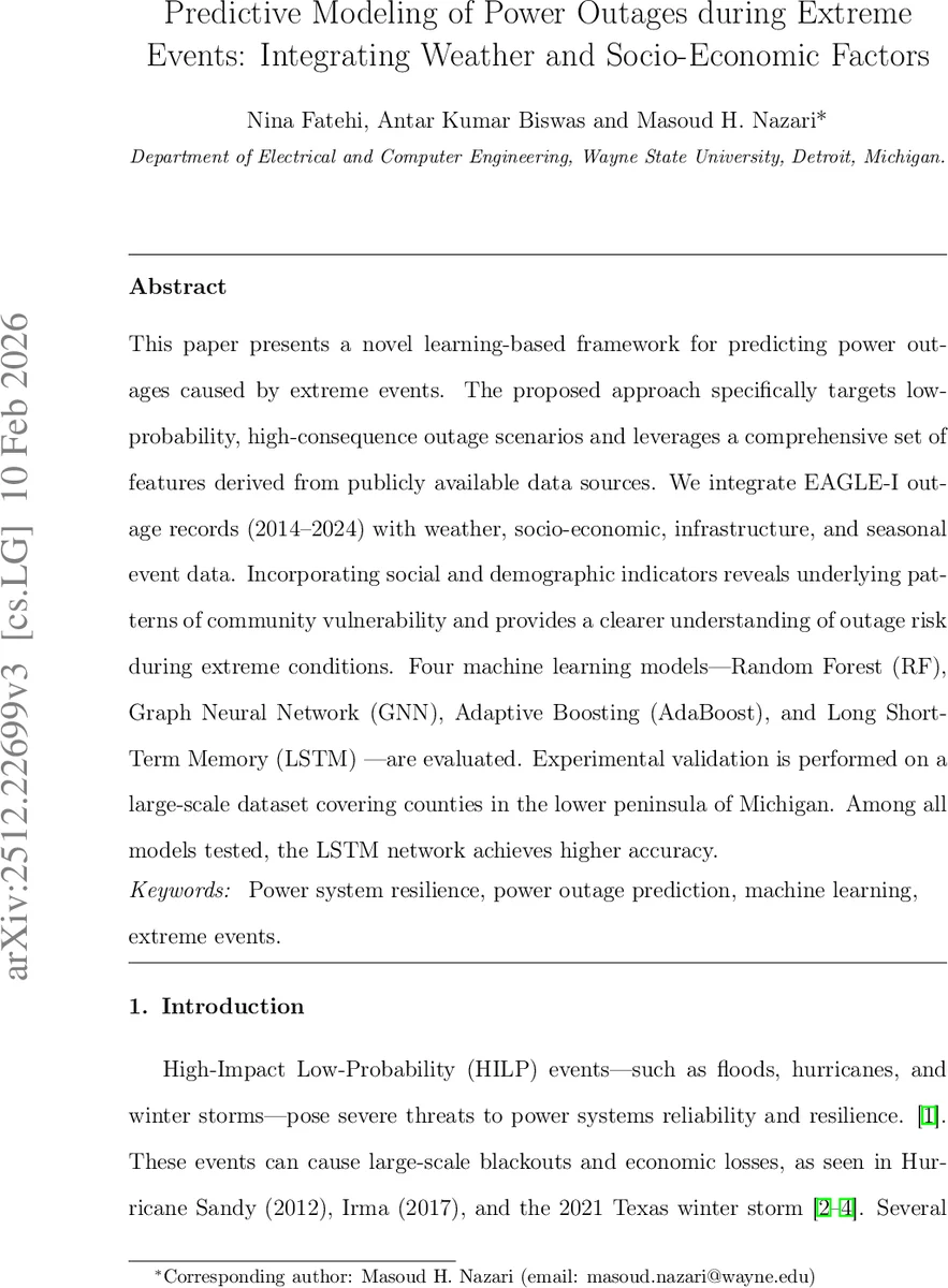 Predictive Modeling of Power Outages during Extreme Events: Integrating Weather and Socio-Economic Factors