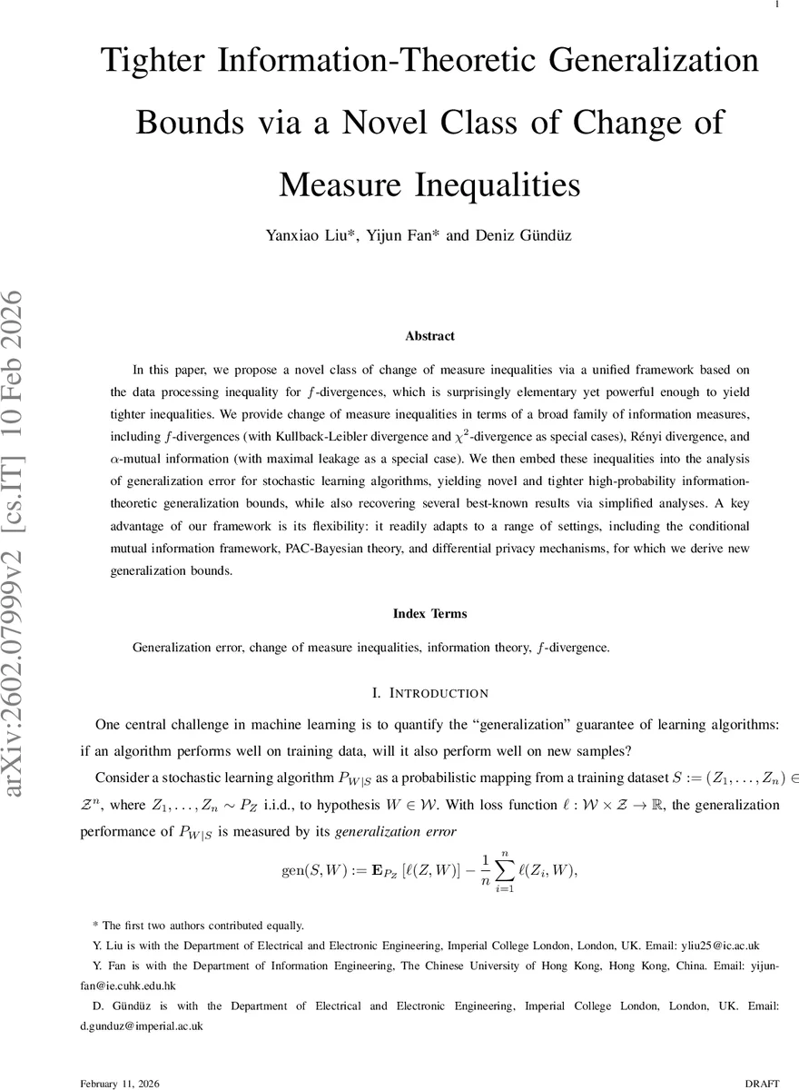 Tighter Information-Theoretic Generalization Bounds via a Novel Class of Change of Measure Inequalities