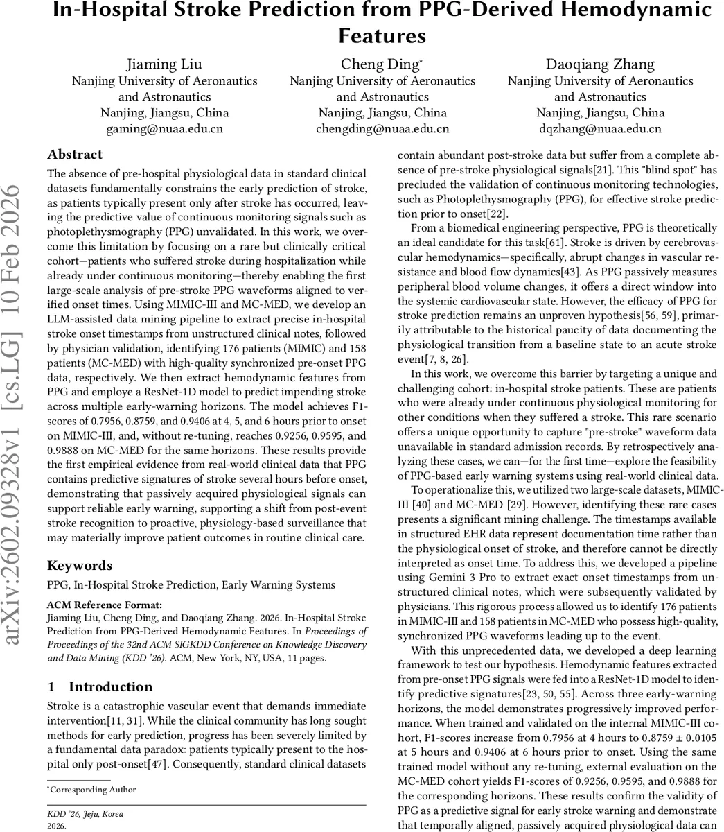 In-Hospital Stroke Prediction from PPG-Derived Hemodynamic Features