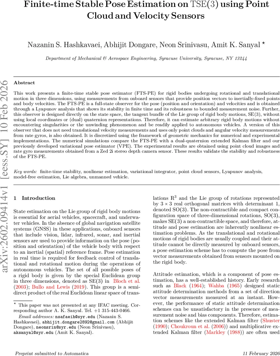 Finite-time Stable Pose Estimation on TSE(3) using Point Cloud and Velocity Sensors
