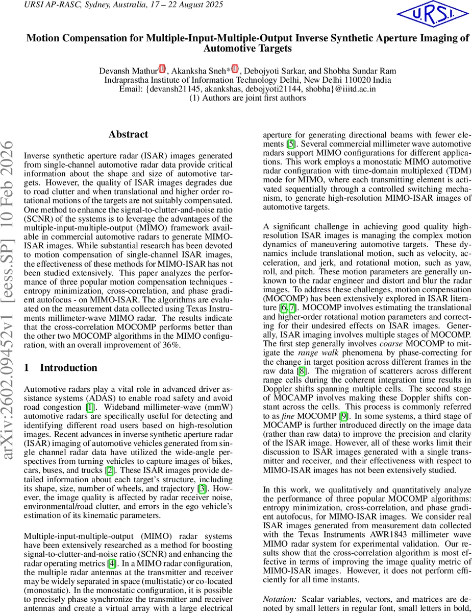 Motion Compensation for Multiple-Input-Multiple-Output Inverse Synthetic Aperture Imaging of Automotive Targets