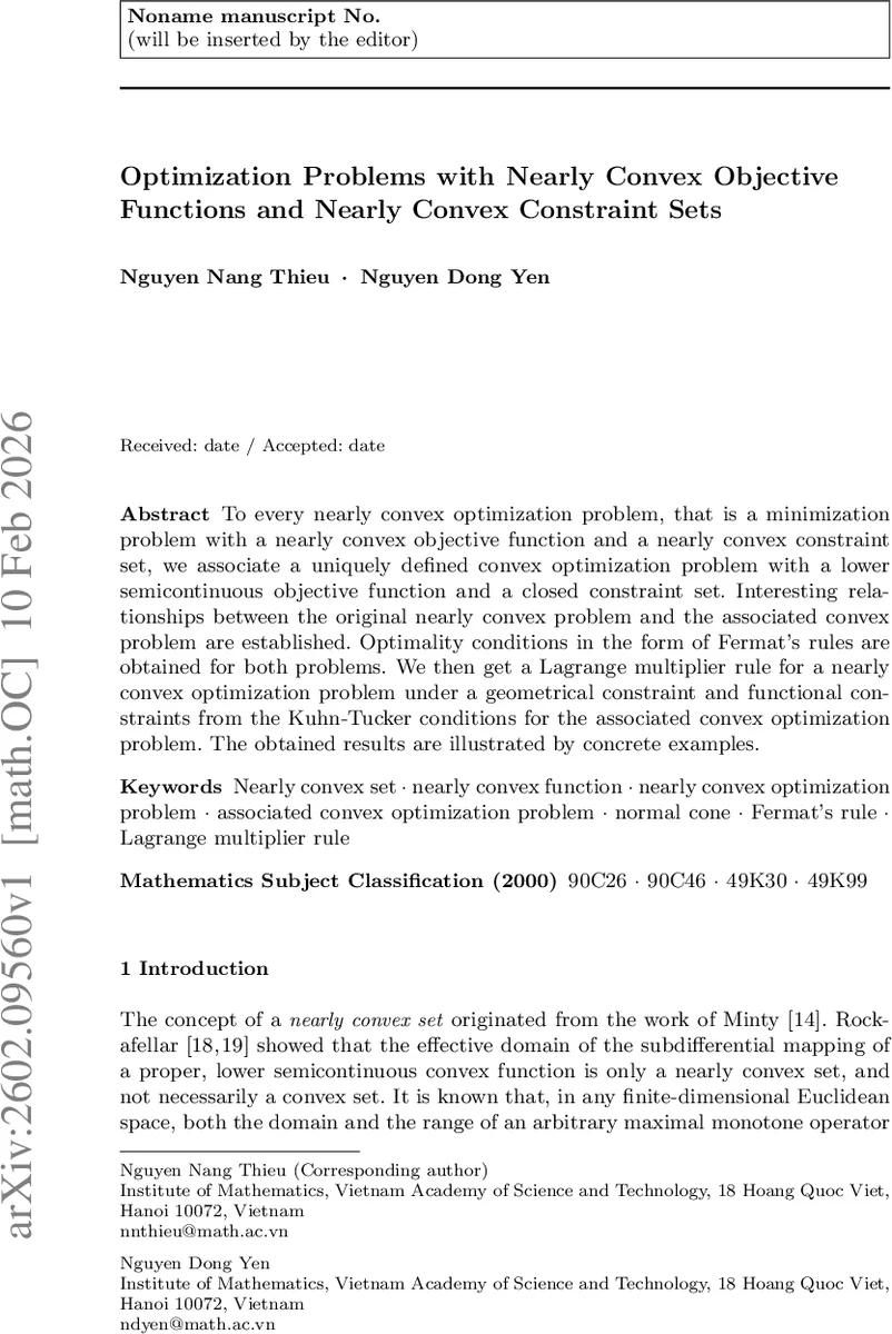 Optimization Problems with Nearly Convex Objective Functions and Nearly Convex Constraint Sets