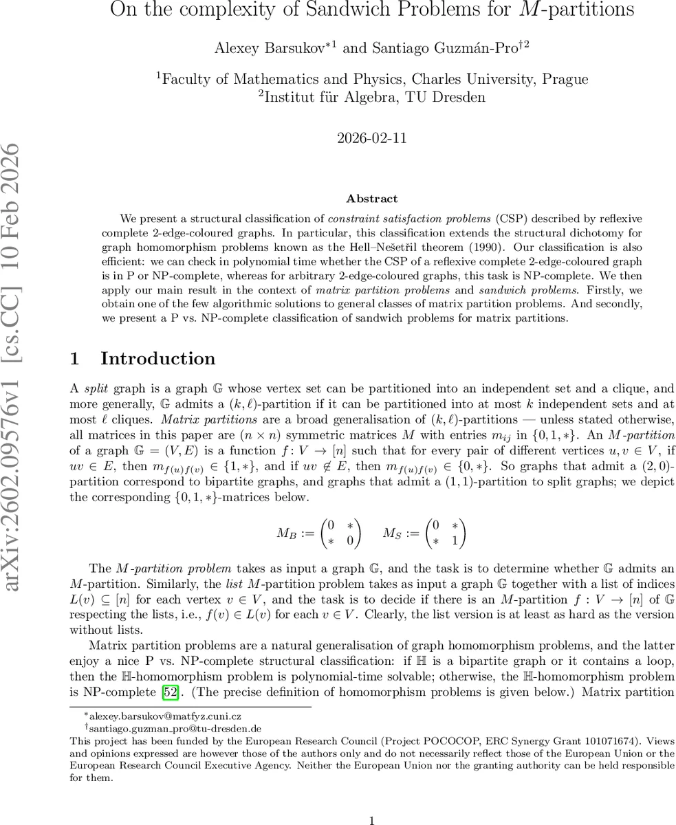 On the complexity of Sandwich Problems for $M$-partitions