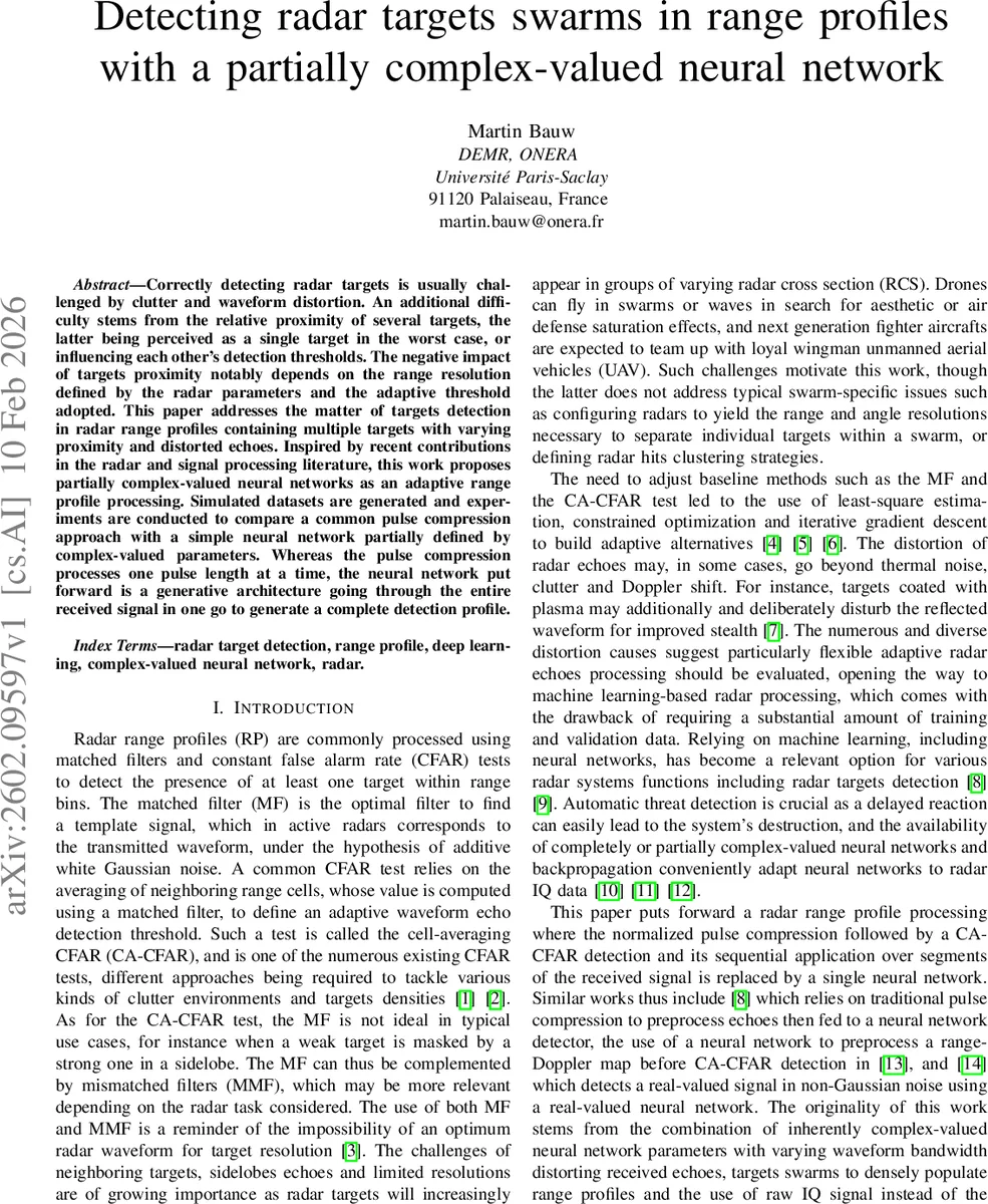 Detecting radar targets swarms in range profiles with a partially complex-valued neural network
