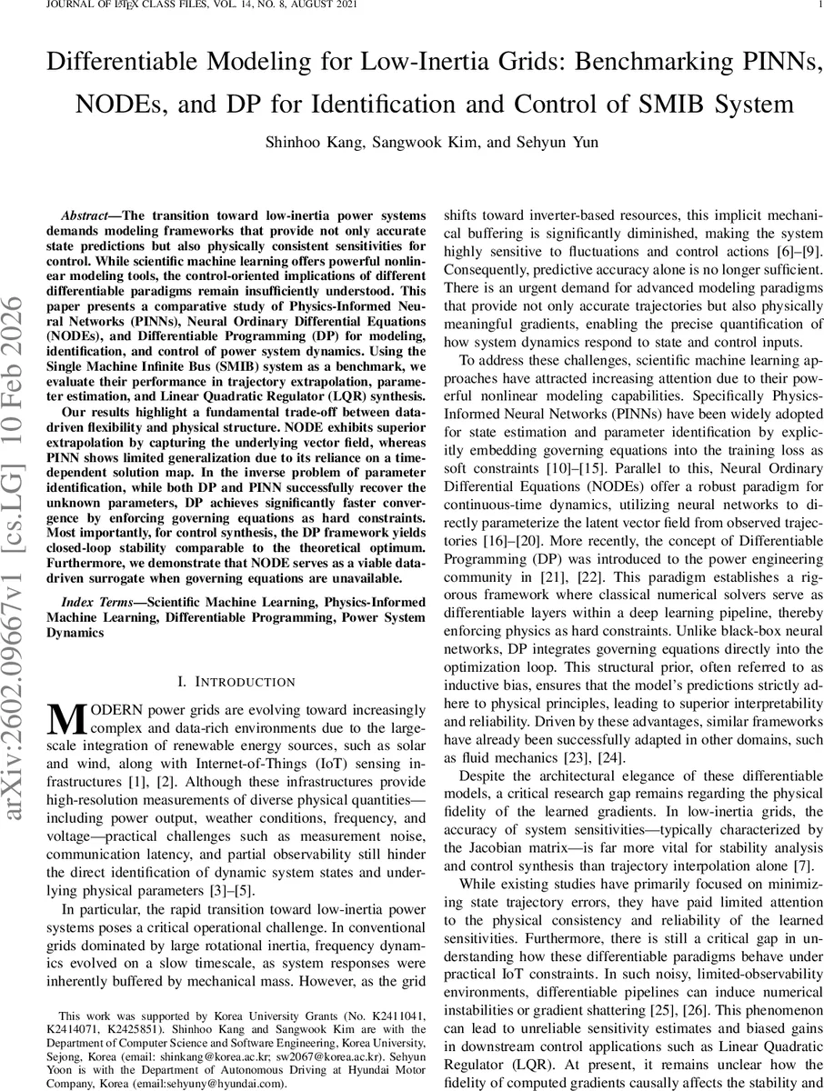 Differentiable Modeling for Low-Inertia Grids: Benchmarking PINNs, NODEs, and DP for Identification and Control of SMIB System