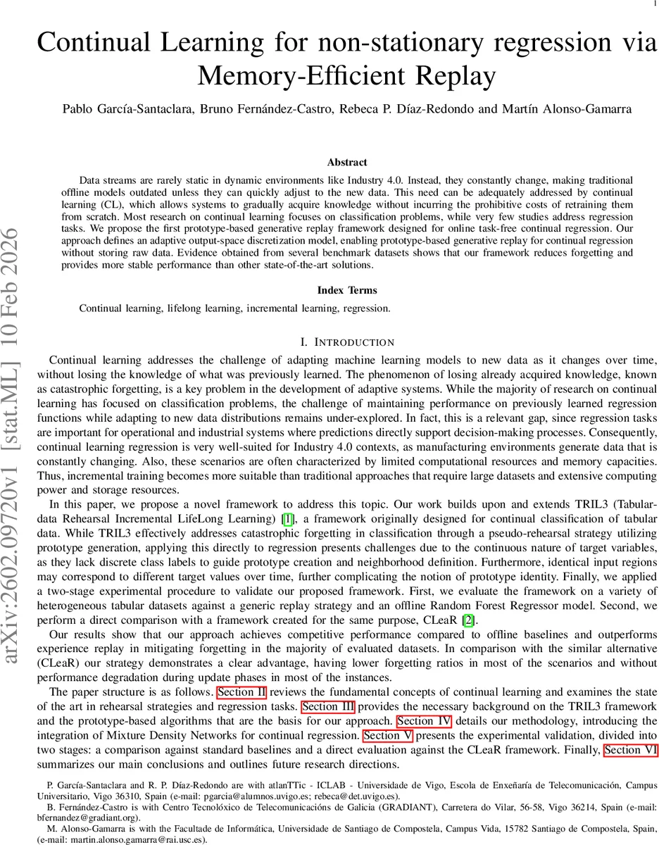 Continual Learning for non-stationary regression via Memory-Efficient Replay