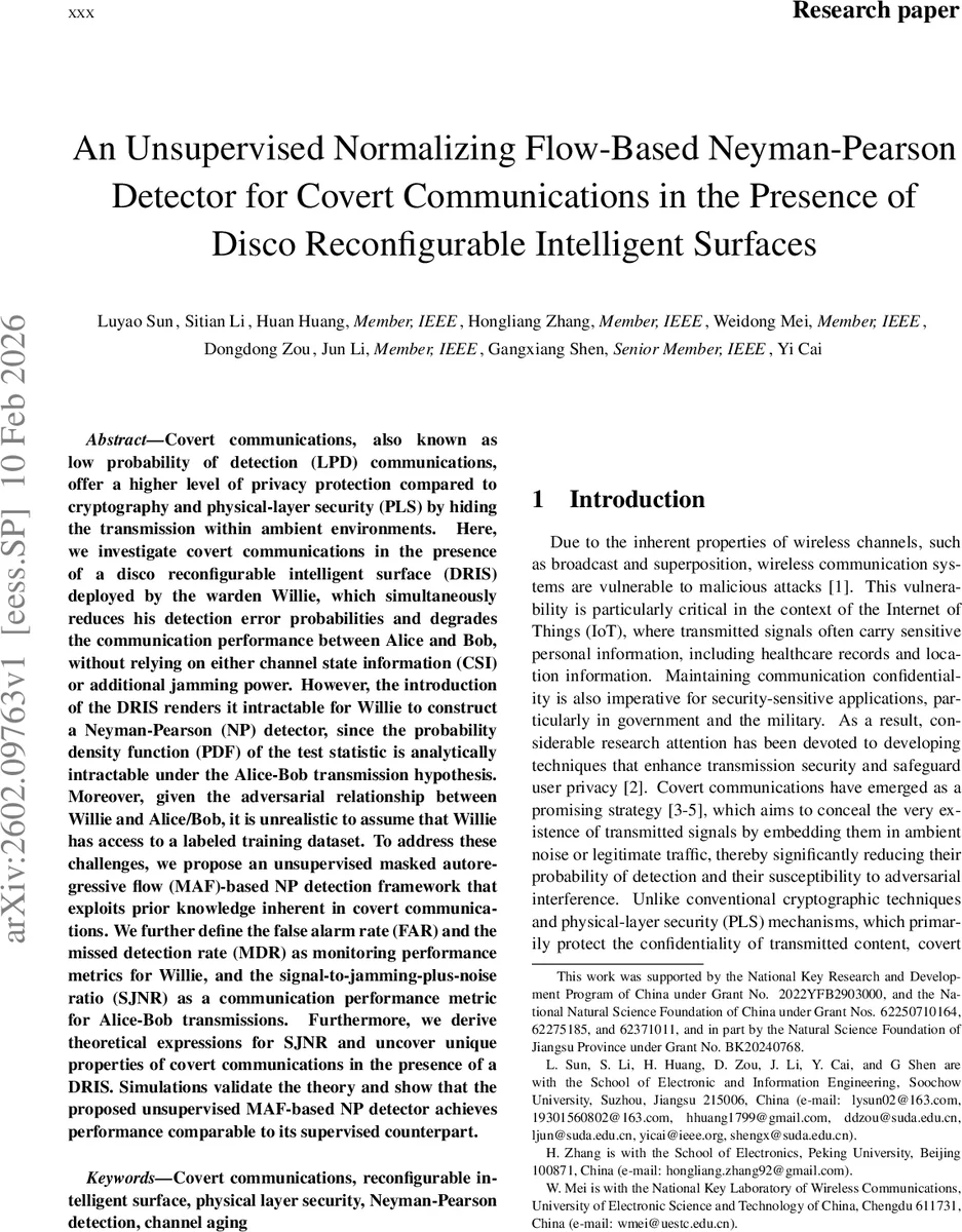 An Unsupervised Normalizing Flow-Based Neyman-Pearson Detector for Covert Communications in the Presence of Disco Reconfigurable Intelligent Surfaces