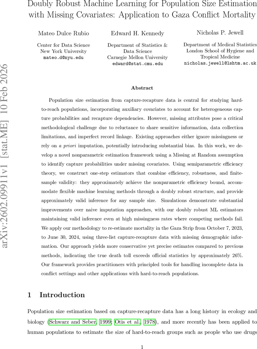 Doubly Robust Machine Learning for Population Size Estimation with Missing Covariates: Application to Gaza Conflict Mortality
