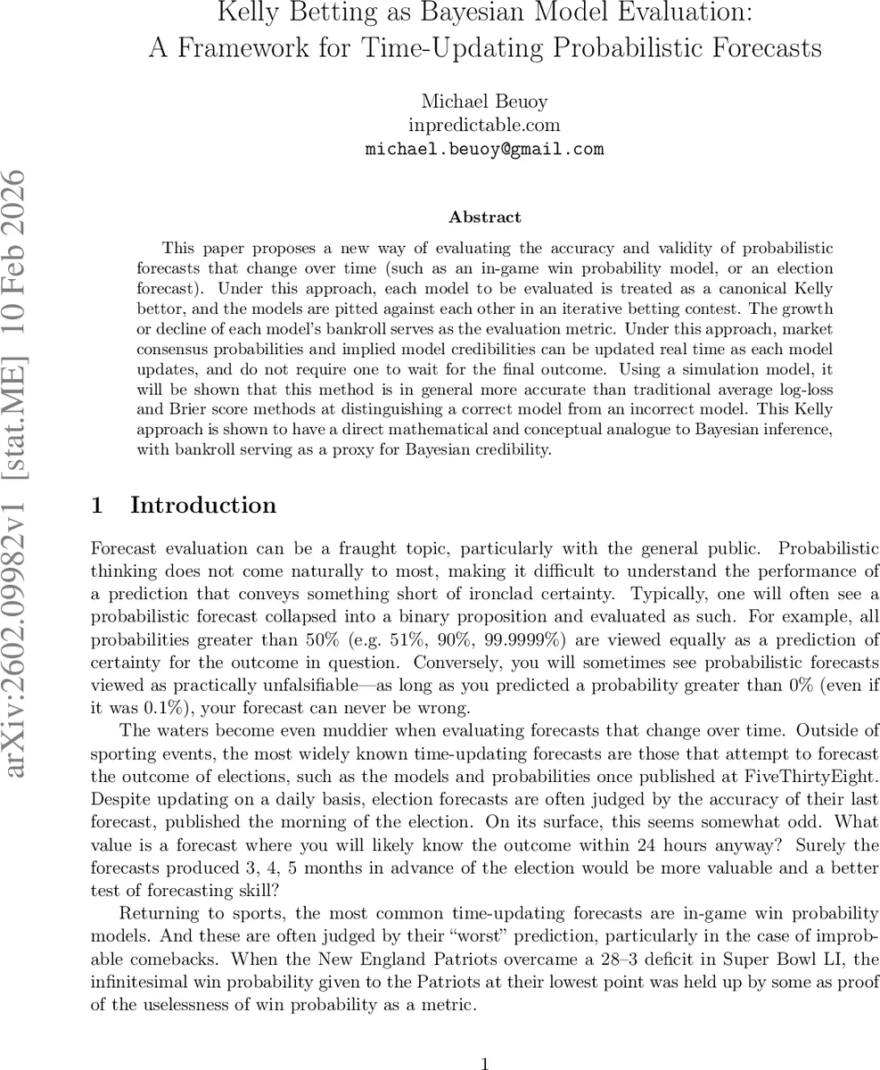 Kelly Betting as Bayesian Model Evaluation: A Framework for Time-Updating Probabilistic Forecasts