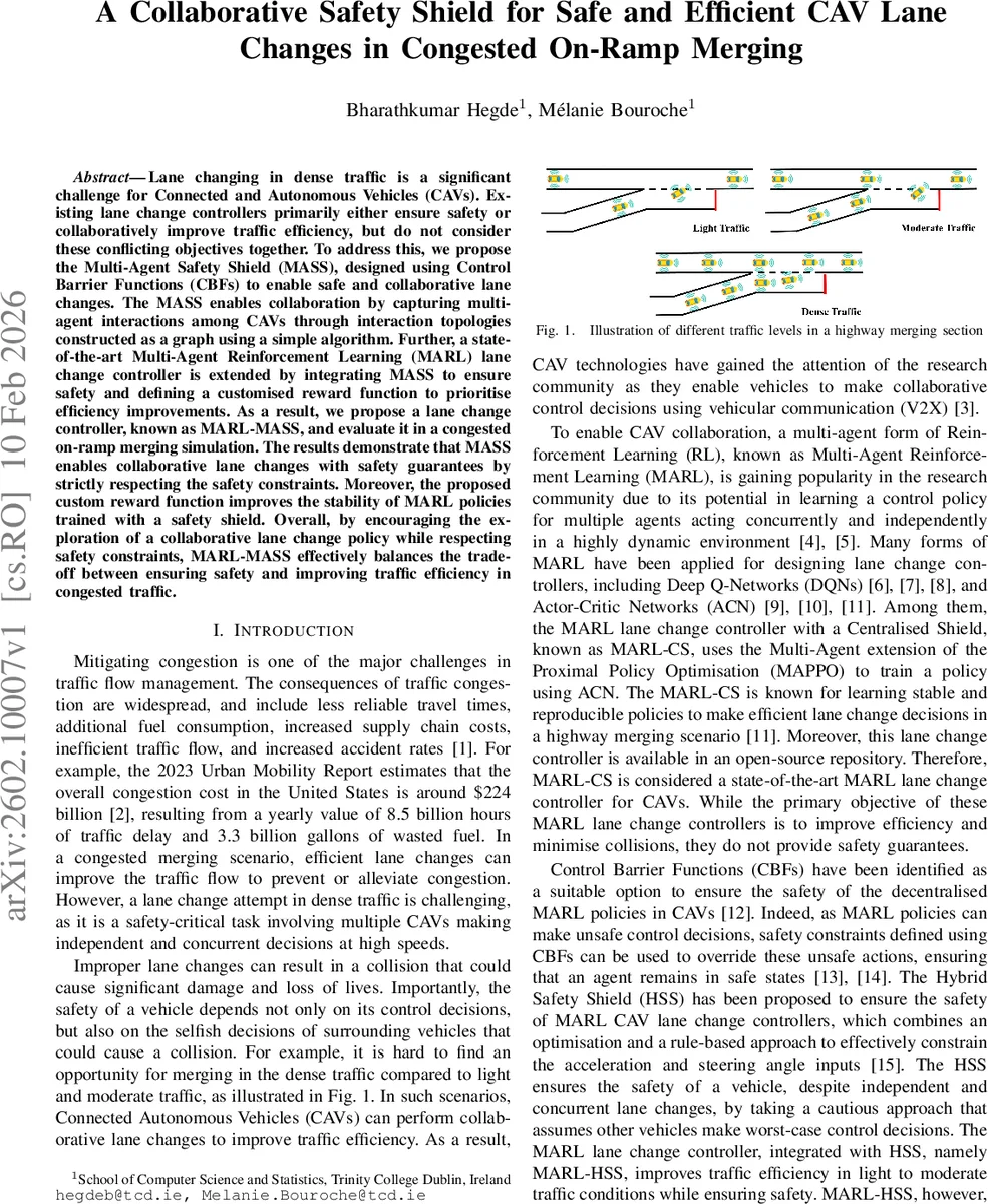 A Collaborative Safety Shield for Safe and Efficient CAV Lane Changes in Congested On-Ramp Merging
