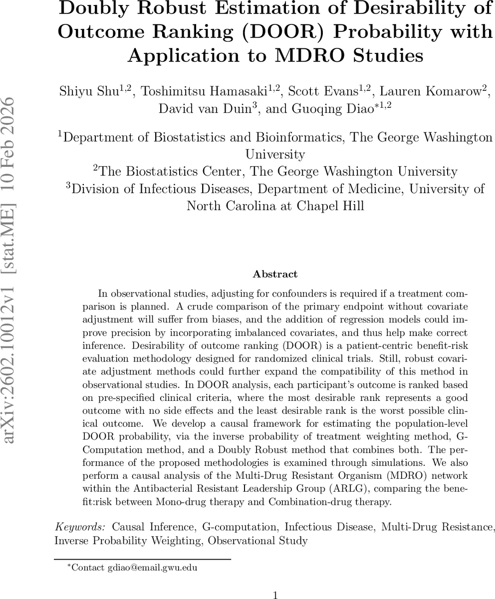 Doubly Robust Estimation of Desirability of Outcome Ranking (DOOR) Probability with Application to MDRO Studies