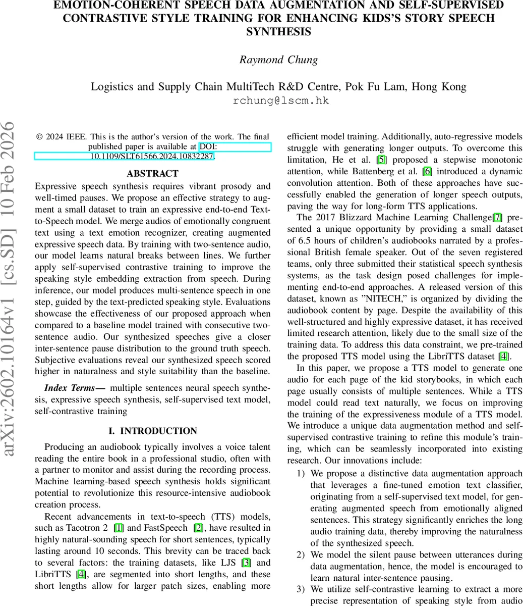 Emotion-Coherent Speech Data Augmentation and Self-Supervised Contrastive Style Training for Enhancing Kids's Story Speech Synthesis