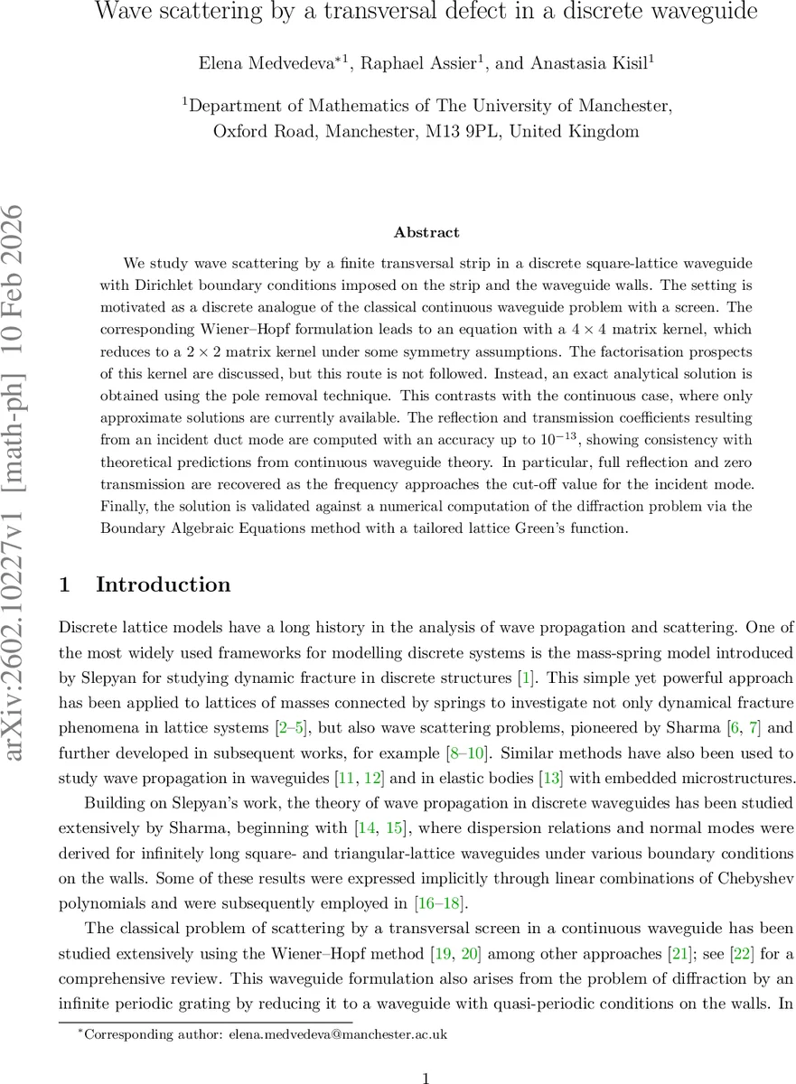 Wave scattering by a transversal defect in a discrete waveguide