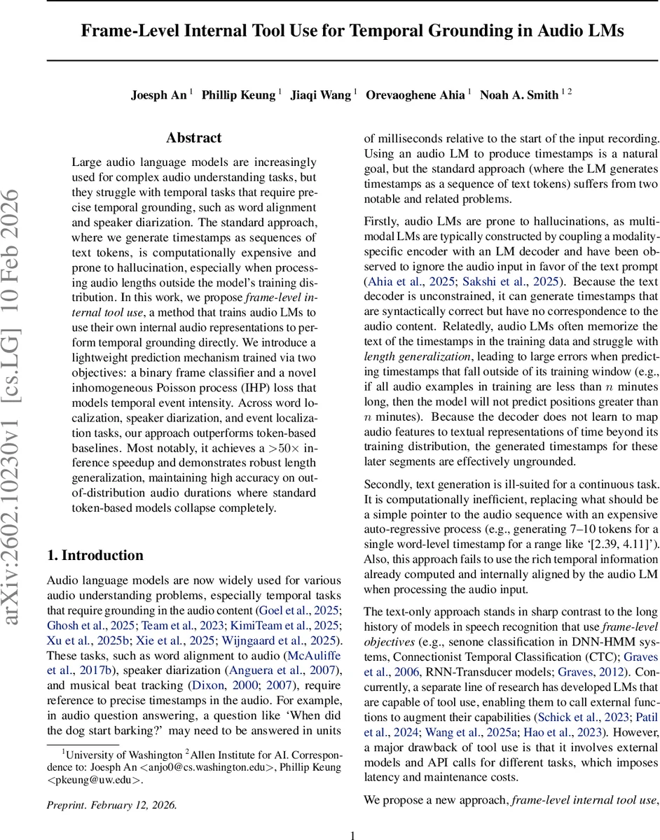 Frame-Level Internal Tool Use for Temporal Grounding in Audio LMs