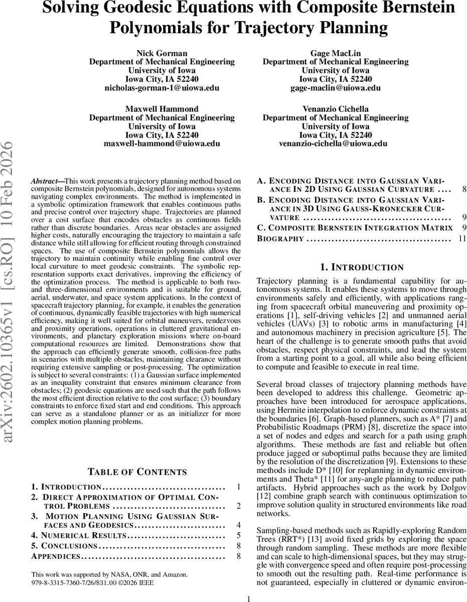 Solving Geodesic Equations with Composite Bernstein Polynomials for Trajectory Planning