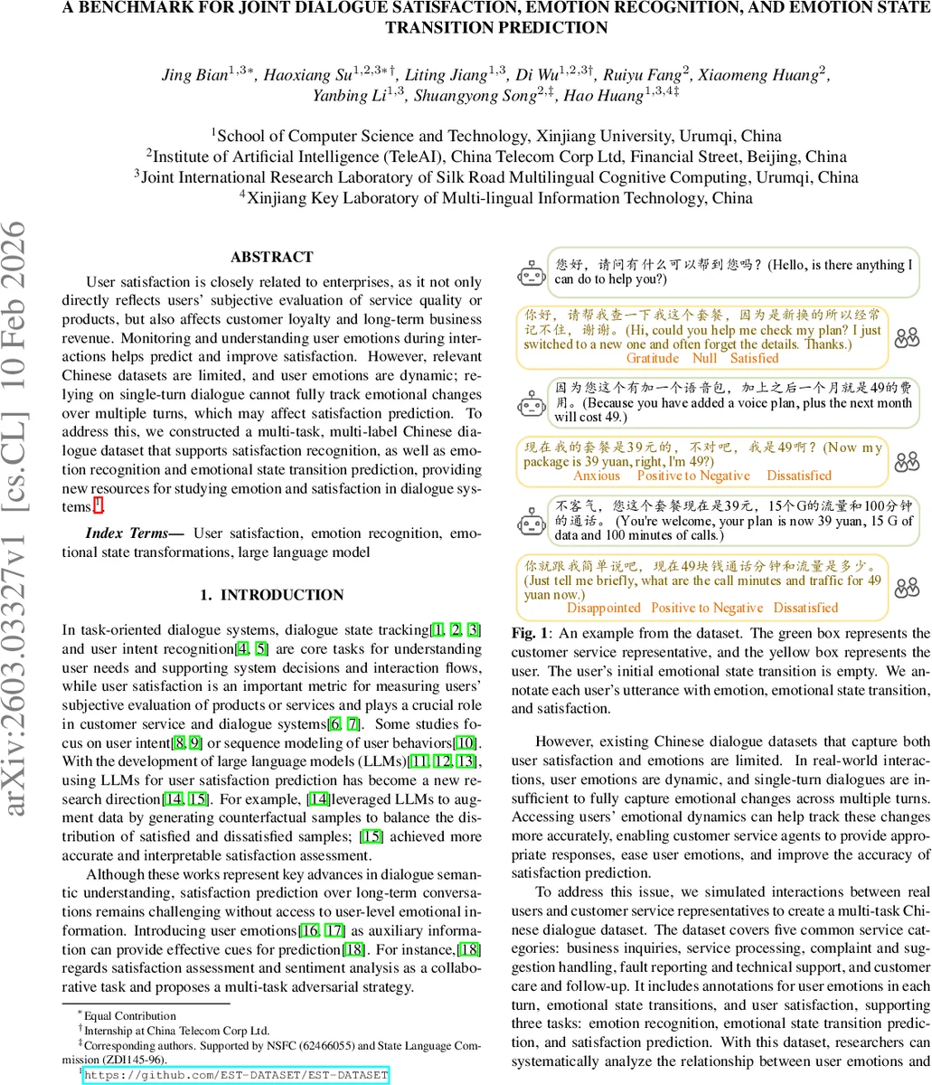 A benchmark for joint dialogue satisfaction, emotion recognition, and emotion state transition prediction