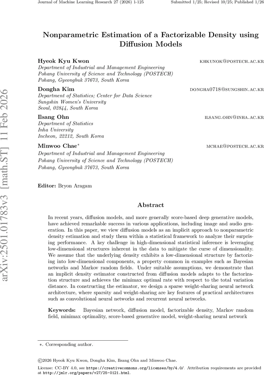 Nonparametric estimation of a factorizable density using diffusion models