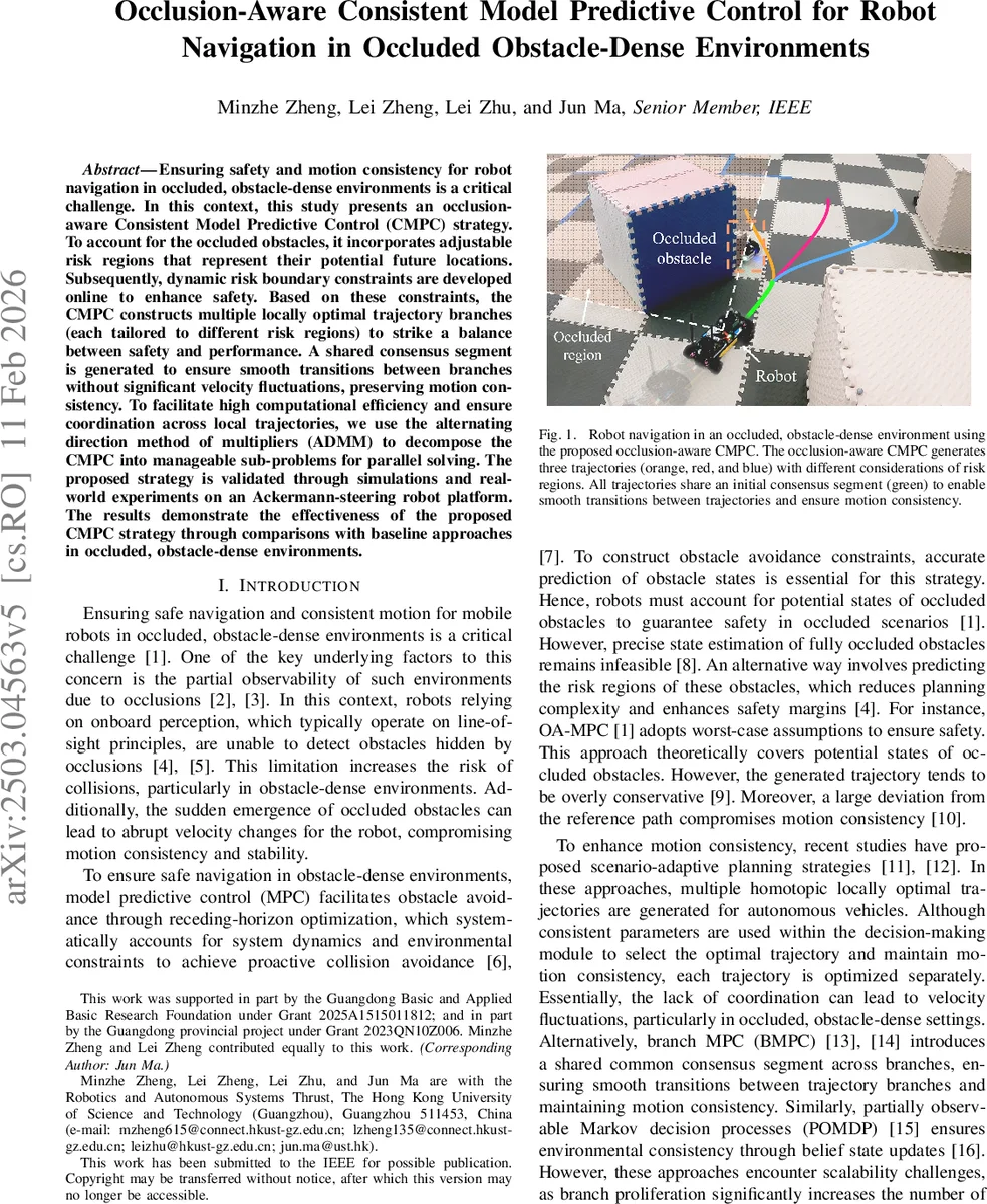 Occlusion-Aware Consistent Model Predictive Control for Robot Navigation in Occluded Obstacle-Dense Environments
