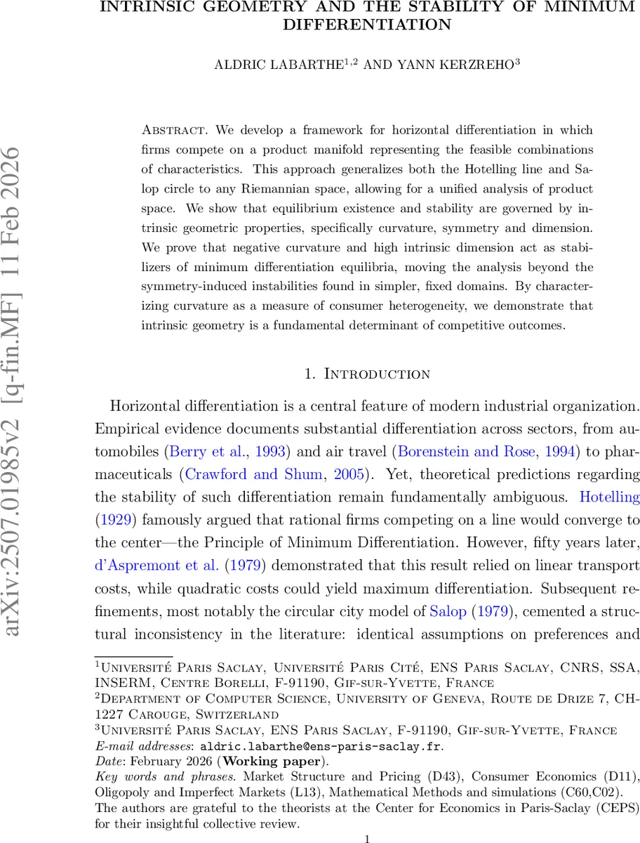 Intrinsic Geometry and the Stability of Minimum Differentiation