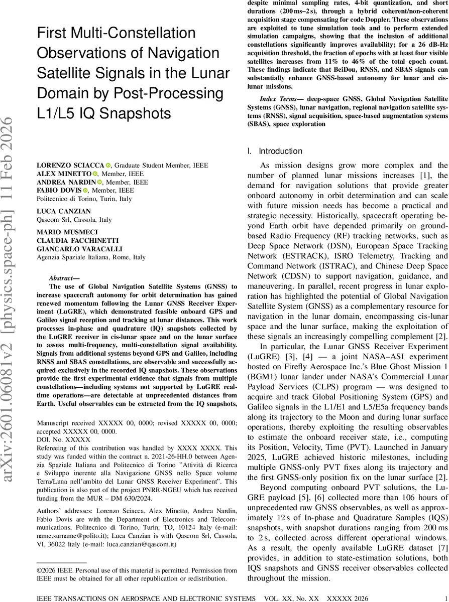 First Multi-Constellation Observations of Navigation Satellite Signals in the Lunar Domain by Post-Processing L1/L5 IQ Snapshots