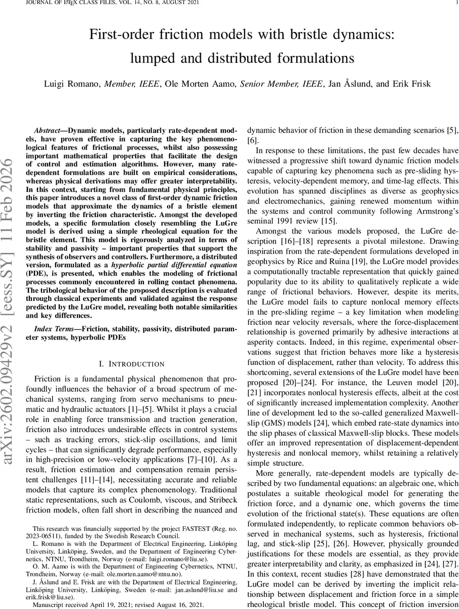 First-order friction models with bristle dynamics: lumped and distributed formulations