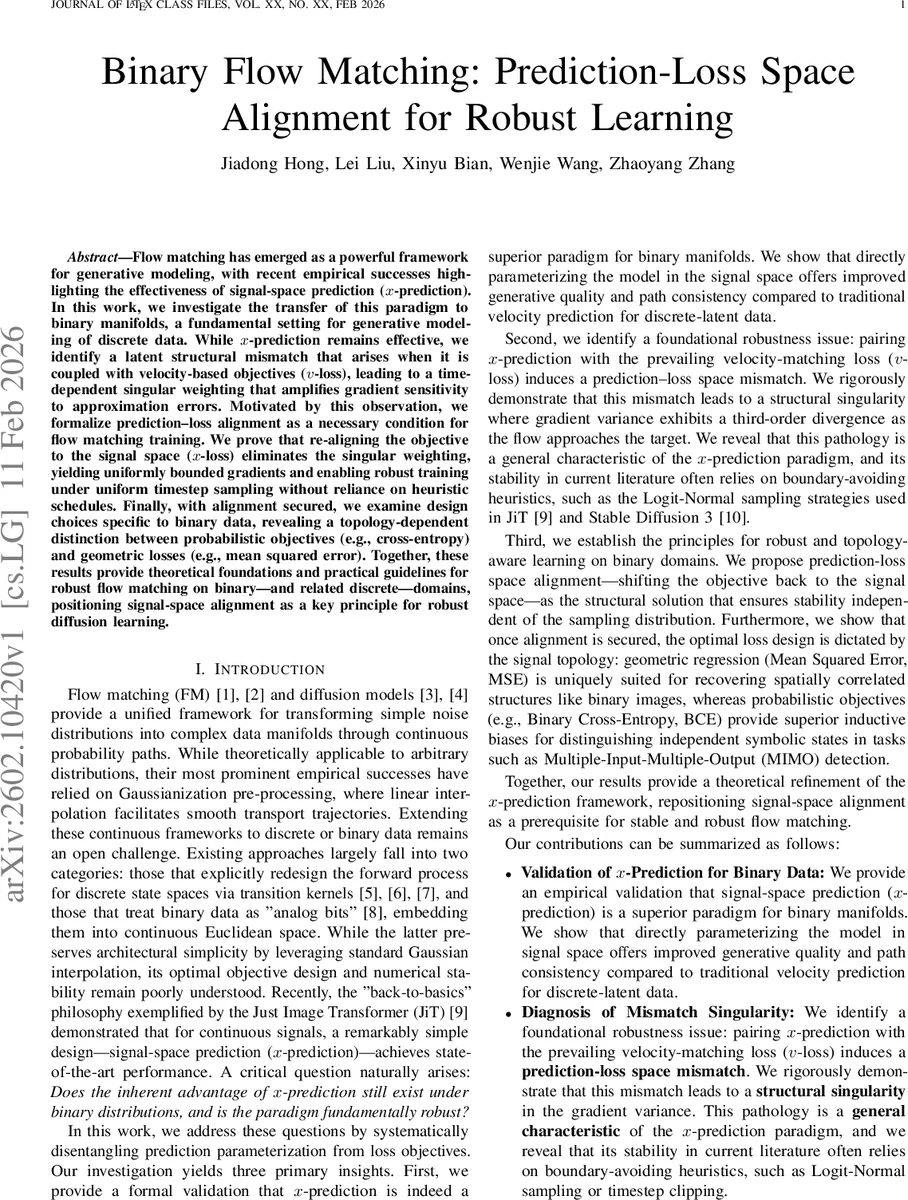 Binary Flow Matching: Prediction-Loss Space Alignment for Robust Learning