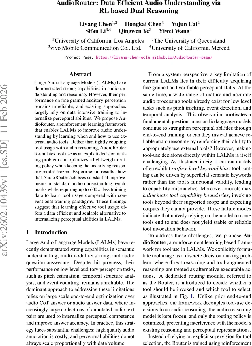 AudioRouter: Data Efficient Audio Understanding via RL based Dual Reasoning